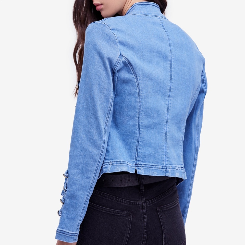 Free People Embellished Denim Military Jacket Sz:L - Picture 2 of 8